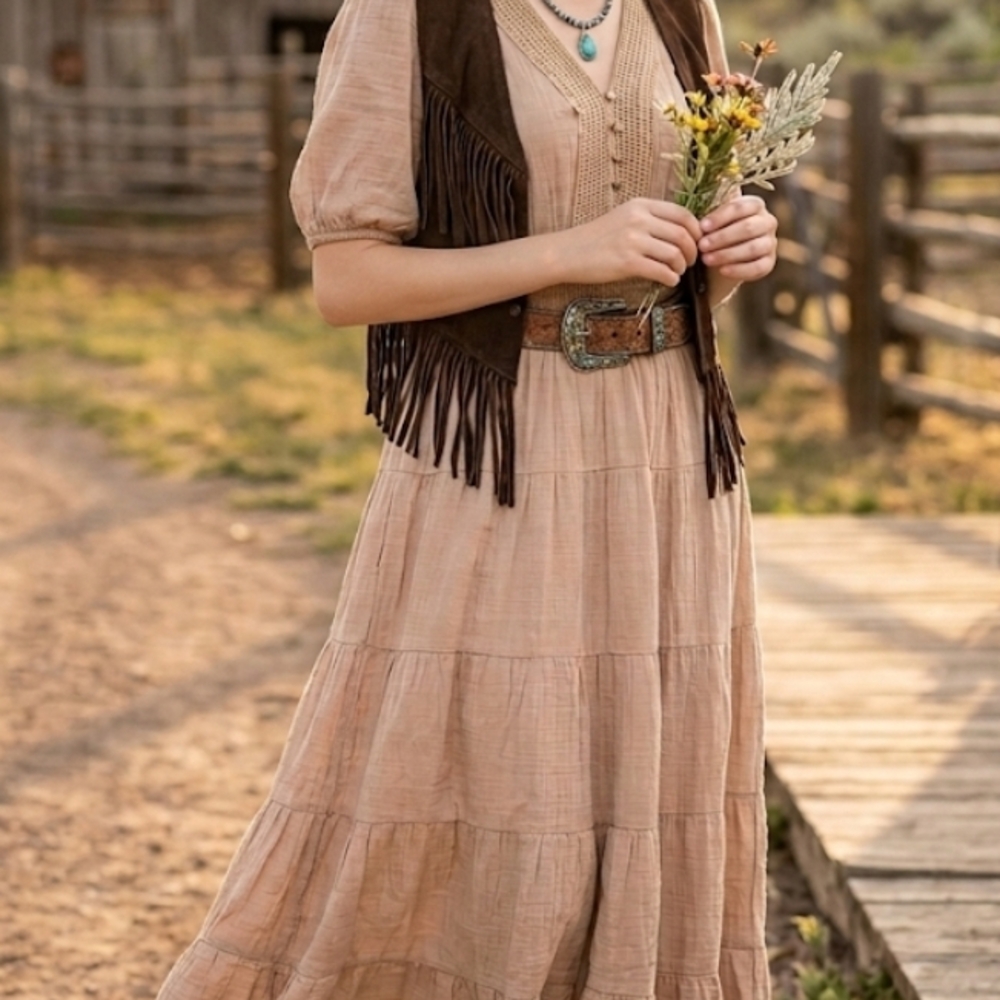 J. Crew Dusty Rose Tiered Maxi Dress with Fringe Vest Styling